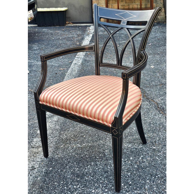 Neoclassical Pair of J. Widdicomb Neoclassical Partial Gilt Ebonized Wood Upholstered Armchairs For Sale - Image 3 of 10