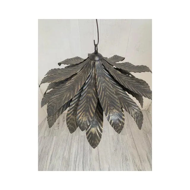 Florentine Wrought Iron Brunito and Gold Leaves Pendant by Simoeng For Sale - Image 3 of 7