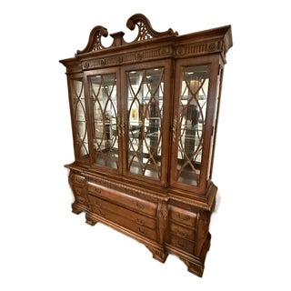 Federal Style Carved Mahogany Lighted Breakfront China Cabinet For Sale