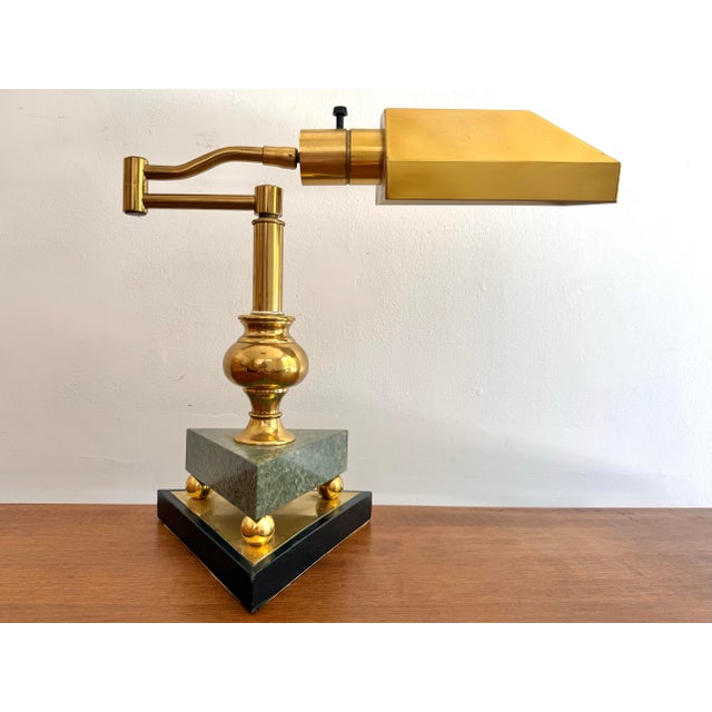 1980s Art Deco Revival Marble and Brass Bankers Lamp For Sale - Image 11 of 11