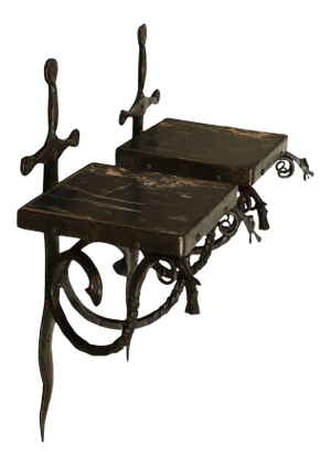 Samuel Yellin Style Hand Wrought Iron Dragon and Sword Wall Shelves - a Pair