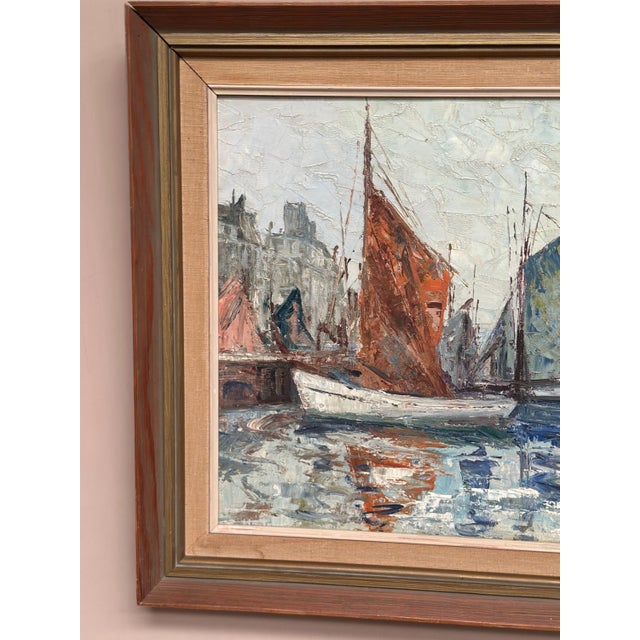 Original Swedish Oil on Canvas – “Boats in Harbour” by Inge Camill – Signed – Vintage & Framed – 45 × 37 cm (17.7" ×...