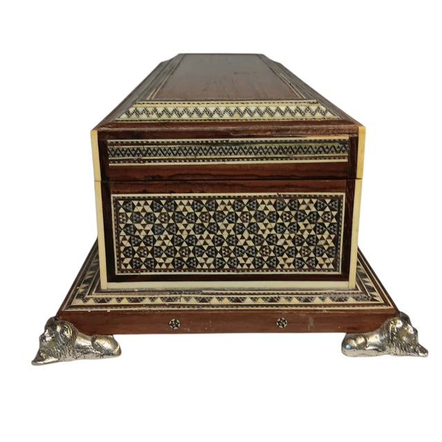 Mediterranean Vintage Large Wood Box Micro Mosaic Inlaid Marquetry With Blue Velvet 17 X 7 X 4.5 For Sale - Image 3 of 17