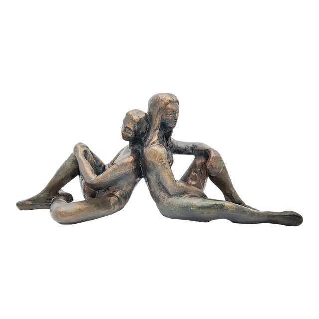 Bronzed Ceramic Impressionism Sculpture Girls Sitting Back to Back Signed 1994 For Sale