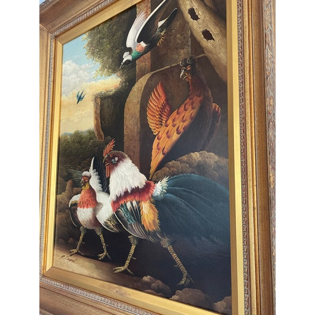 A Vintage Oil painting signed "G.Segal" depicts a series of roosters and birds in a landscape in gilt wood frame. After...