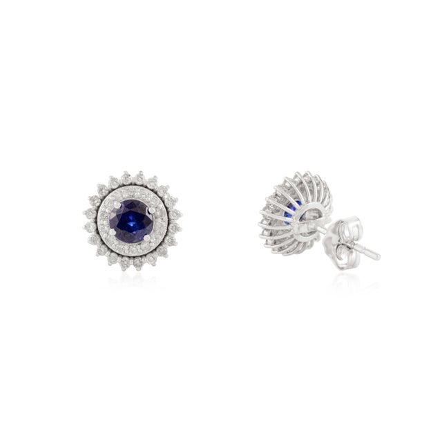 Double Halo Sapphire Diamond Cluster Earrings- 2 Pieces For Sale In New York - Image 6 of 10
