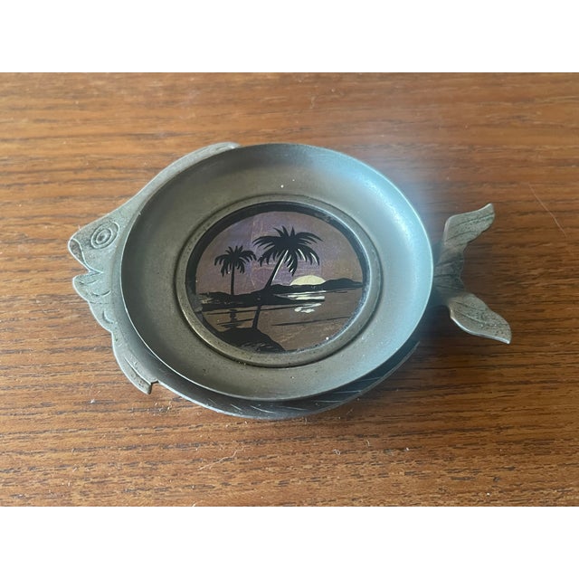 Art Deco Butterfly Reverse Painted Glass Pewter Fish Ash Tray For Sale In Santa Fe - Image 6 of 8