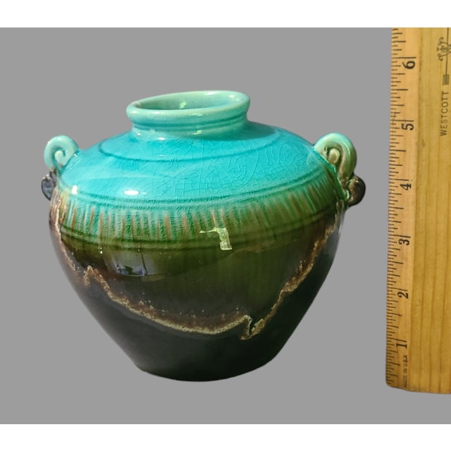 Mid-Century Modern Vintage Studio Glazed Art Pottery Turquoise Blue Olive Green Vase Urn For Sale - Image 3 of 8
