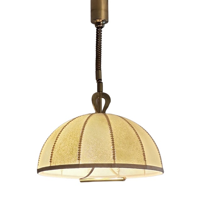 Large Leather, Vellum and Brass Cocoon Chandelier, Italy, 1950s For Sale