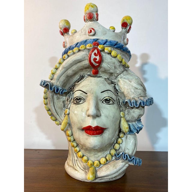 Sicilian Ceramic Heads from Caltagirone, Set of 2 For Sale - Image 3 of 18