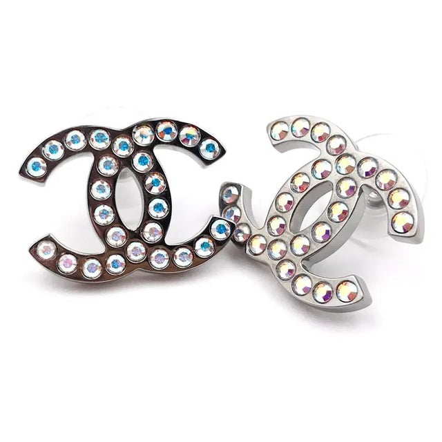 Chanel Chanel Silver CC Iridescent Crystal Large Piercing Earrings - 2 Pieces For Sale - Image 4 of 5