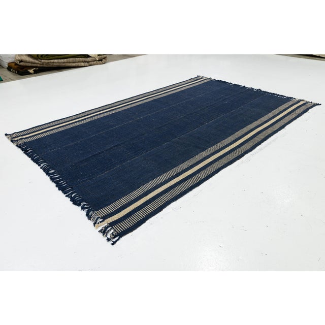 Cream Modern Kilim Style Wool Rug – Hand-Knotted Indigo Blue & Cream Striped Flatweave For Sale - Image 8 of 11