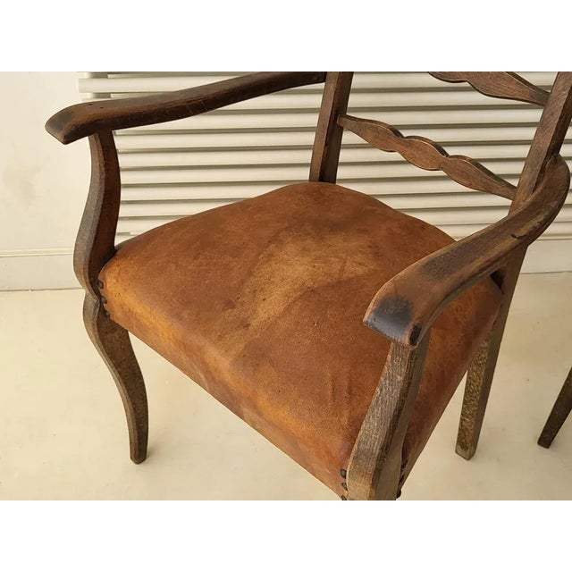 Set of Vintage French Chairs in Leather and Oak, 1950 For Sale - Image 6 of 13