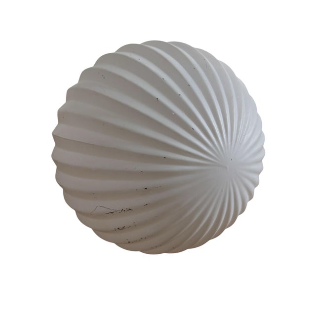 1950s 1950s Art Deco MCM Brass Gold Ribbed Round Frosted White Globe Pendant Lights Fixtures - A Pair For Sale - Image 5 of 12