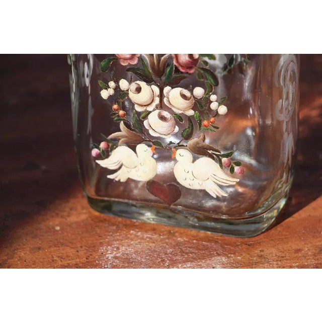 Antique Art Deco Enameled Glass Brandy Bottle Depicting Birds and Flowers For Sale - Image 6 of 9