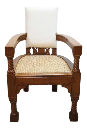 Anglo Indian Minerva Furniture Works Eastlake Caned Inlaid Teak Upholstered Armchair