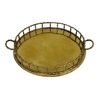 Vintage Round Brass Faux Bamboo Rail Gallery Tray For Sale