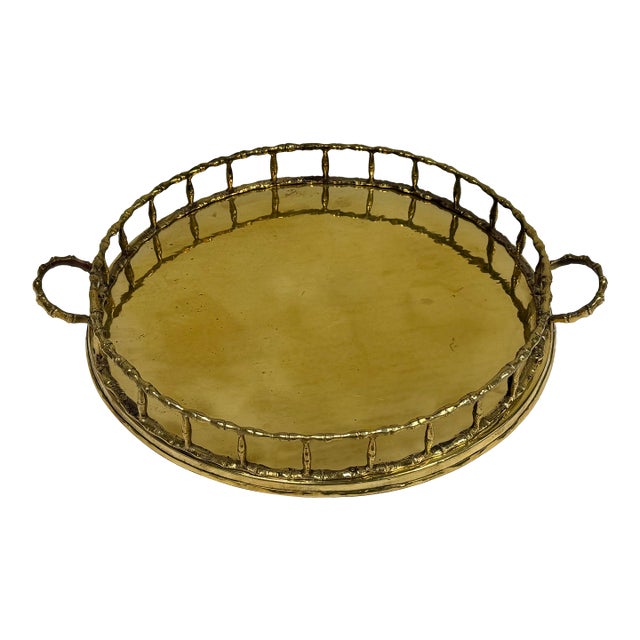 Vintage Round Brass Faux Bamboo Rail Gallery Tray For Sale