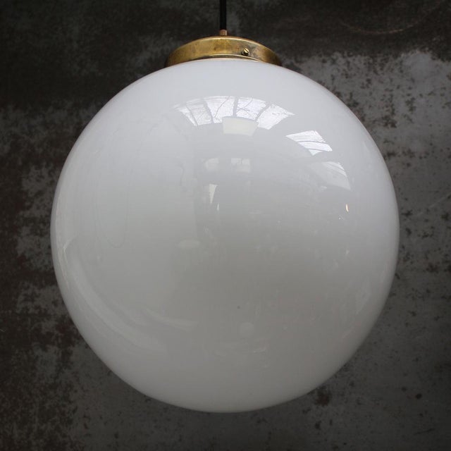 Large Vintage Pendant Light in White Opaline Glass Globe and Brass For Sale - Image 6 of 7