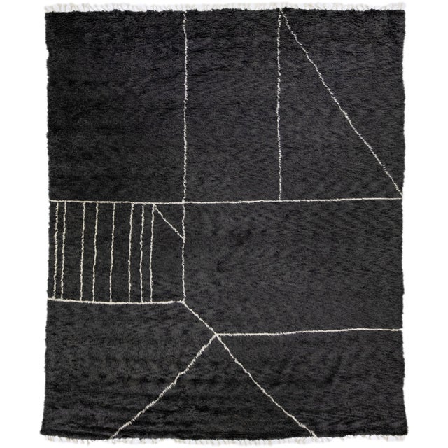 Modern Moroccan Style Handmade Black Abstract Wool Rug by Apadana For Sale - Image 11 of 11
