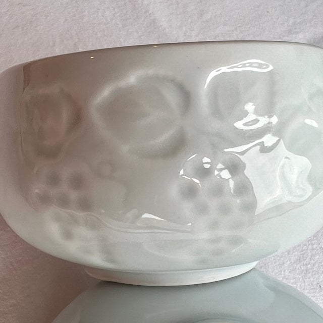 Chinese Rice/Soup Bowls 10oz Celadon Porcelain Dinnerware Engraved Raised Relief Grapes/Leaves Motif Beautiful set of 8...