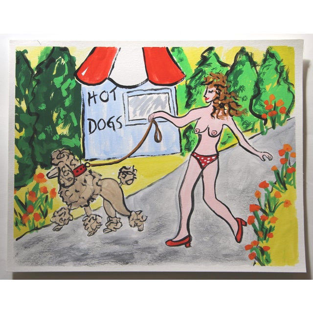 Paper Nude and Poodle Dog Interior Matisse Expressionism Pop Art Surrealism Gray Yellow White Red Original Painting by Cleo Plowdenn For Sale - Image 7 of 8