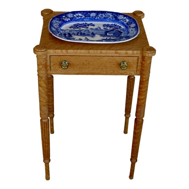 1984 Handcrafted One Drawer Bird’s Eye Maple Display Stand With Blue and White Platter For Sale