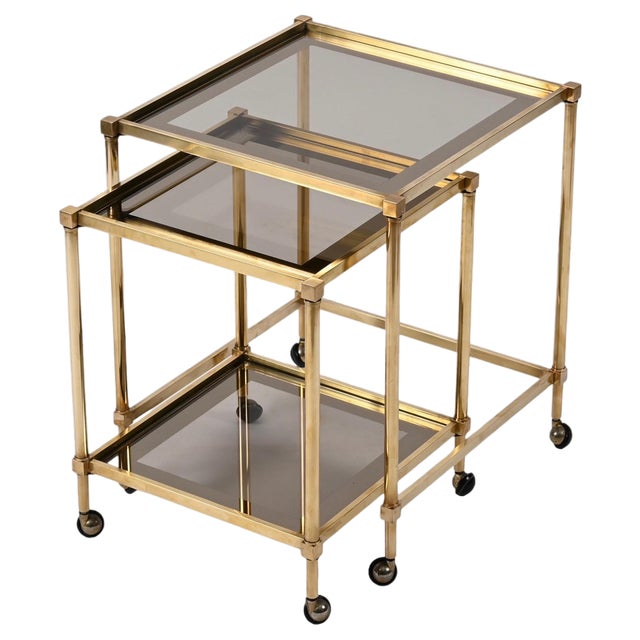 Brass Mirrored Border Nesting Tables with Glass Top from Maison Jansen, 1970s, Set of 2 For Sale