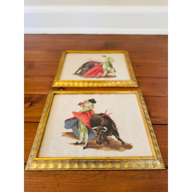 Textile Vintage Pair of Framed Bull Fighting Matador Needlepoints- Needlepoint Matadors For Sale - Image 7 of 8
