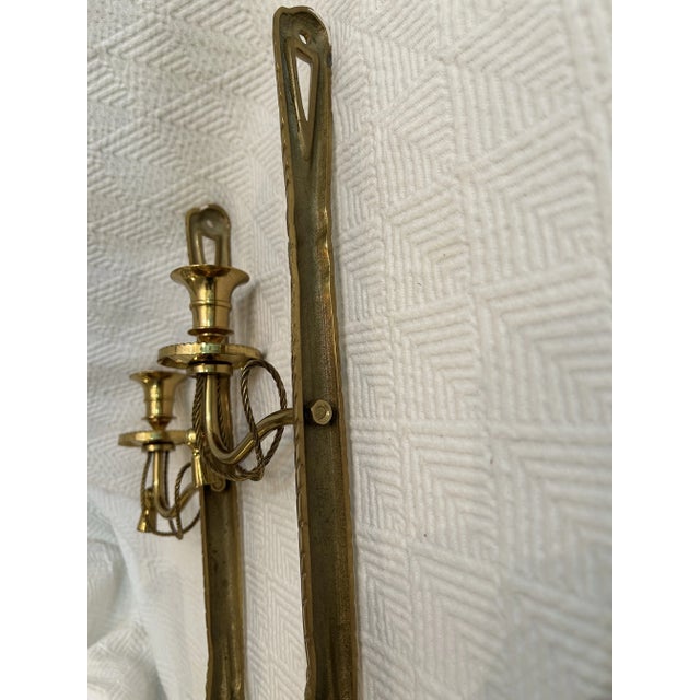 Metal Vintage Pair of Brass Reed and Ribbon Tassel Candle Wall Sconces For Sale - Image 7 of 7
