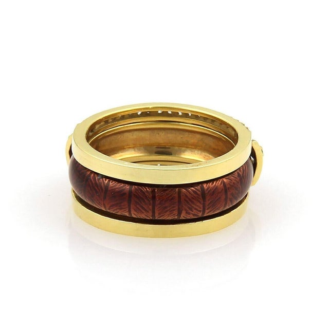 Mid 20th Century Hidalgo Diamonds & Brown Enamel 18k Yellow Gold Open Band Ring Insert - Size 6.5 For Sale In Miami - Image 6 of 7