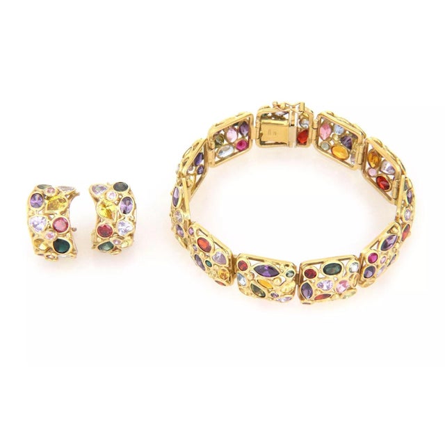 Bracelet Earring Multicolor Stones 18k Yellow Gold Cushion Link set - 3 Pieces For Sale In Miami - Image 6 of 10