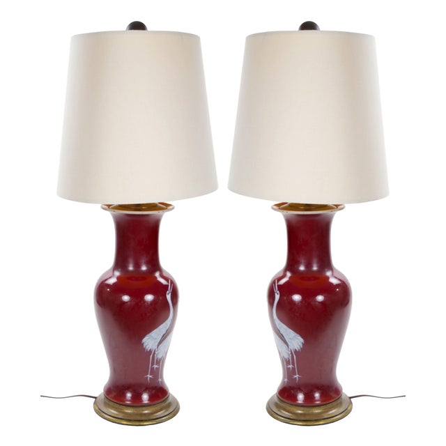 Chinoiserie Pair of Mid-20th Century Burgundy Red Porcelain Chinoiserie Heron Table Lamps For Sale - Image 3 of 12