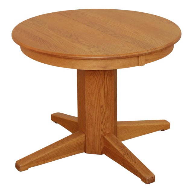 Solid Oak Round Expandable Pedestal Dining Table For Sale