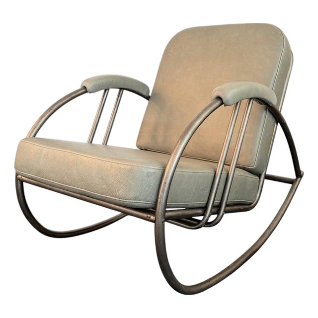1930s Art Deco Steel and Leather Rocking Chair by Wolfgang Hoffman For Sale
