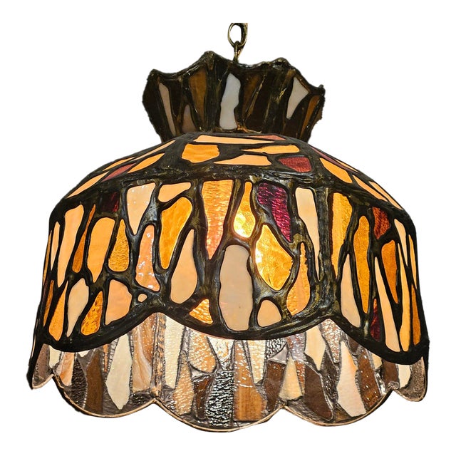 Antique Folk Art Stained Glass Pendant Fixture For Sale