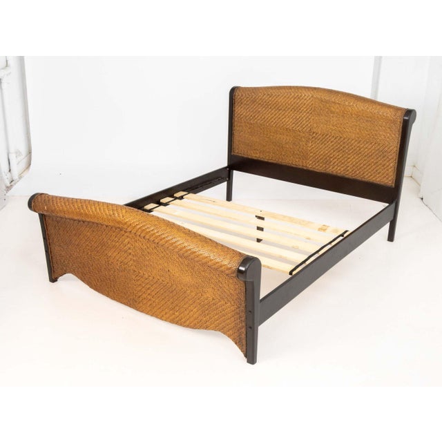 Rattan and Ebonized Wood Queen Sleigh Bed Frame For Sale In New York - Image 6 of 11