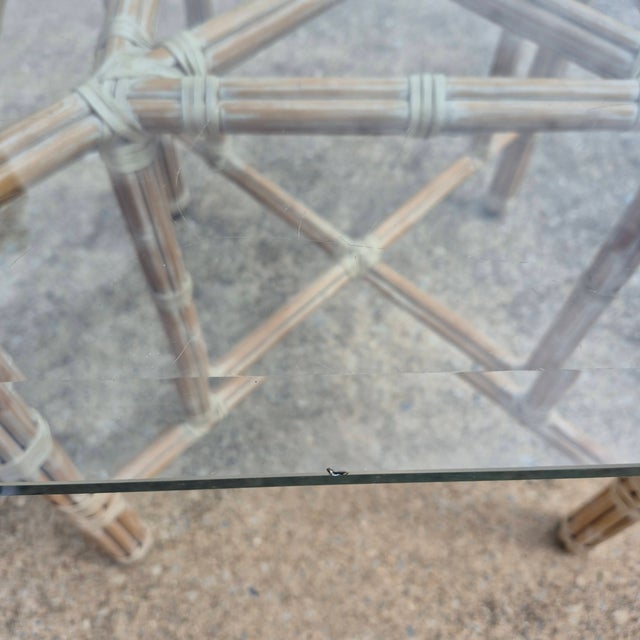 1970s McGuire Attributed Organic Modern Square Glass Top Rattan Rawhide Base Dining Table For Sale - Image 11 of 13