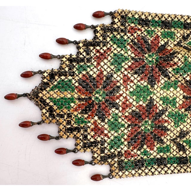 Mandalian Art Deco Flapper Enamel Mesh Purse with Floral Motif and Drop Beads For Sale - Image 10 of 18