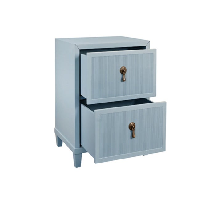 Contemporary Matthew Izzo Home Novalie Light Blue Matte Lacquer Fluted Front Side Table With Antique Brass Drawer Pulls For Sale - Image 3 of 7
