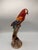 Large hand-painted parrot figurine with deep color palette and high gloss finish. Scarlet Macaw perched on tree stump....