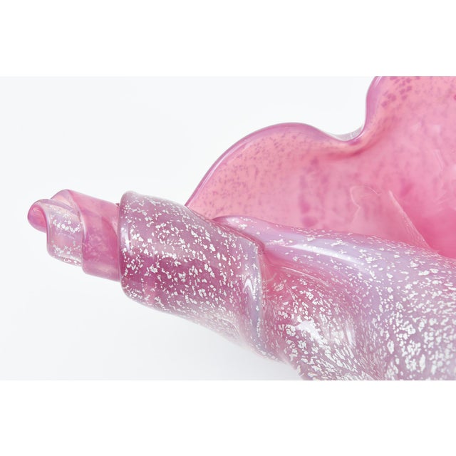 1980s Vintage Murano Large Pink and Silver Foil Clam Shell Coiled Glass Bowl Signed For Sale - Image 5 of 11