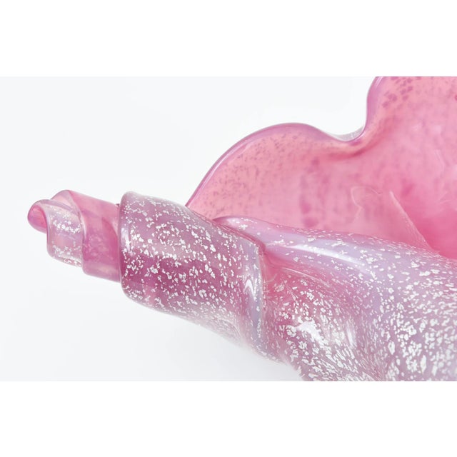 1980s Vintage Murano Pink and Silver Foil Clam Shell Coiled Large Glass Bowl, Signed For Sale - Image 5 of 11