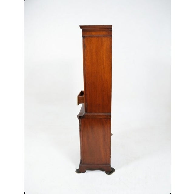 Linen Vintage Mahogany China Cabinet With Leaded Glass Doors and Broken Pediment For Sale - Image 8 of 9