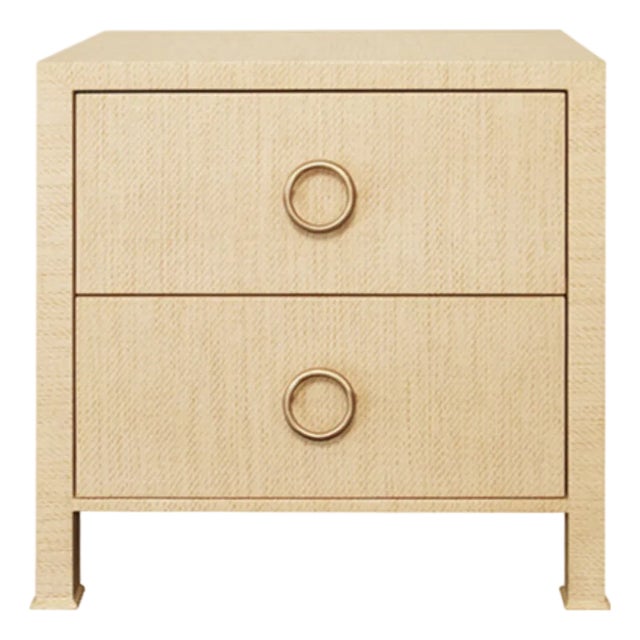 Matthew Izzo Home Edelman Natural Grasscloth Two Drawer Side Table With Antique Brass Hardware For Sale