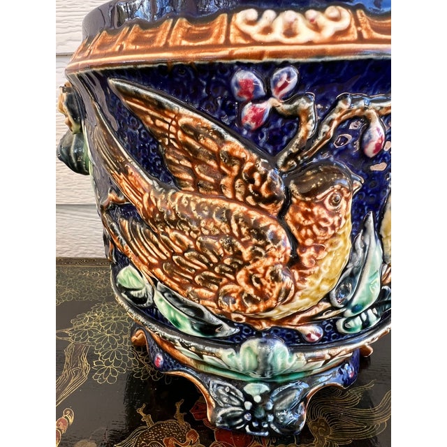 Late 19th Century Antique Majolica Bird Planter Cache Pot Jardinière Cobalt Blue Wasmuël C1890 For Sale - Image 5 of 18