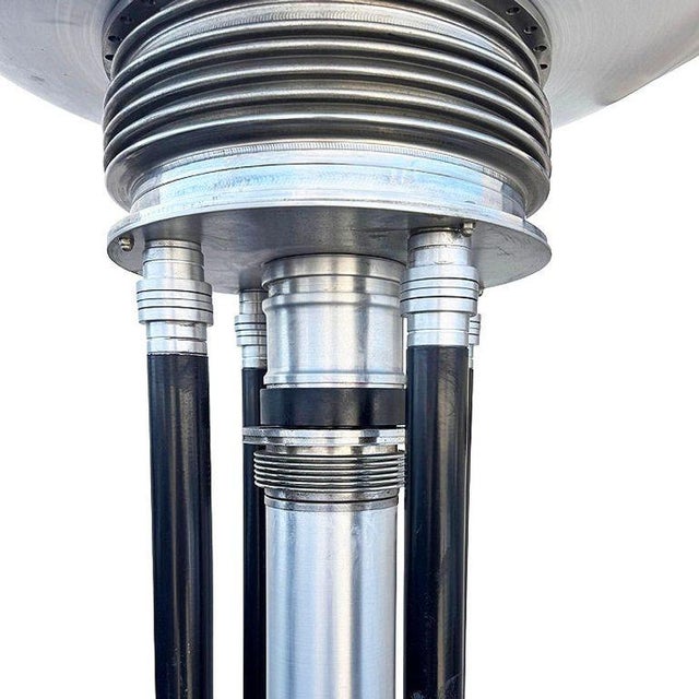 1980 Large Machine Age Art Deco Revival Aluminum and Steel Floor Lamp For Sale - Image 4 of 8