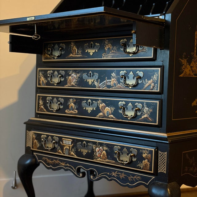 Black Vintage Maddox Chinoiserie Black Lacquer Secretary Desk For Sale - Image 8 of 12