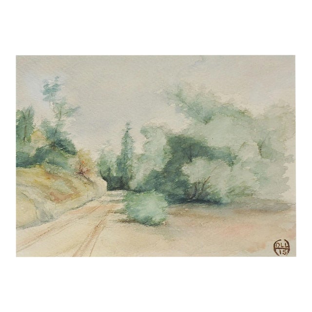Small Antique 1915 Country Road Landscape Watercolor Painting For Sale