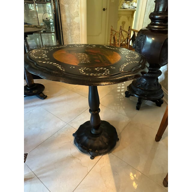 Antique British Victorian Tilt-Top Table – Hand-Painted Landscape With Mother-of-Pearl Inlay For Sale - Image 9 of 13